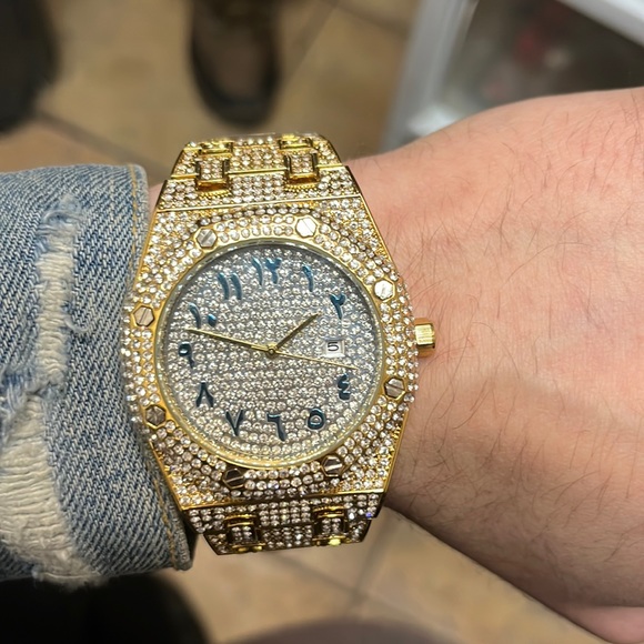 Mens Arabic dial watch cz diamonds gold round dial premium quality - Picture 1 of 3